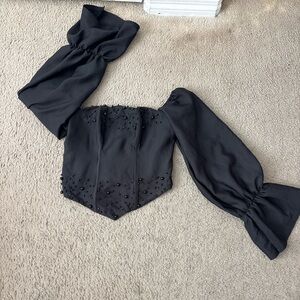 Black Beaded Off-Shoulder Corset Top with Balloon Sleeves